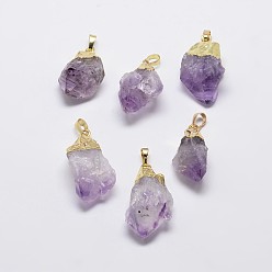 Amethyst Natural Amethyst Nuggets Golden Plated Pendants, with Brass Finding, Amethyst, 35~40x18~22mm, Hole: 8x5mm