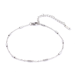 Stainless Steel Color 304 Stainless Steel Cable Chains Anklets, with Tube Beads, Stainless Steel Color, 8-5/8 inch(22cm)