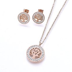 Rose Gold 304 Stainless Steel Jewelry Sets, Pendant Necklaces and Stud Earrings, with Polymer Clay Rhinestone, Flat Round with Tree of Life, Rose Gold, 17.32 inch(44cm), 14x2mm, Pin: 0.8mm