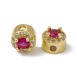 Deep Pink Rack Plating Brass Micro Pave Cubic Zirconia Beads, Real 18K Gold Plated, Long-Lasting Plated, Cadmium Free & Nickel Free & Lead Free, Round, Deep Pink, 7x5.5mm, Hole: 1.8mm