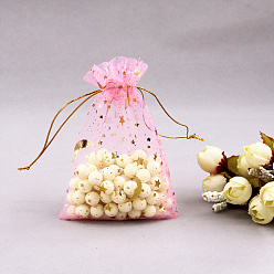 Rose Nacré Rectangle organza sacs à cordon, estampage or motif lune et étoile, perle rose, 9x7 cm