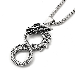 Antique Silver Alloy Dragon Infinity Pandant Necklace with Box Chains, Gothic Jewelry for Men Women, Antique Silver, 23.62 inch(60cm)