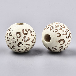 Light Yellow Painted Natural Wood Beads, Laser Engraved Pattern, Round with Leopard Print, Light Yellow, 15~16x15mm, Hole: 4mm