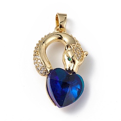 Dark Blue Real 18K Gold Plated Rack Plating Brass Micro Pave Clear Cubic Zirconia Pendants, with Glass, Long-Lasting Plated, Cadmium Free & Lead Free, Leopard with Heart Charm, Dark Blue, 28.5x17.5x8mm, Hole: 5x3.2mm