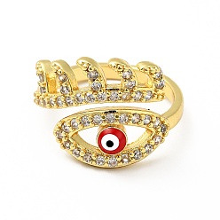 Red Enamel Horse Eye Open Cuff Ring with Clear Cubic Zirconia, Gold Plated Brass Jewelry for Wome, Lead Free & Cadmium Free, Red, US Size 7(17.3mm)