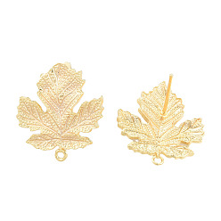 Golden Brass Stud Earring Findings, with Horizontal Loops, Maple Leaf, Nickel Free, Golden, 21.5x18mm, Hole: 1.2mm, Pin: 0.8mm