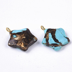 Sky Blue Assembled Synthetic Turquoise and Bronzite Pendants, with Golden Tone Iron Loop, Star, Sky Blue, 23~24x21x5mm, Hole: 2mm
