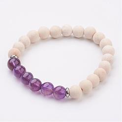Amethyst Natural Fossil and Amethyst Stretch Bracelets, 2-1/8 inch(52mm)