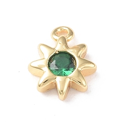 Green Brass Charms, with Glass, Sun Charm, Real 18K Gold Plated, Green, 8.5x7x2mm, Hole: 0.9mm