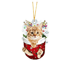 Цвет Древесины Кот в рождественских чулках с украшениями, Акриловый котенок, подвесной орнамент для рождественской елки, украшения для домашней вечеринки, деревесиные, 80 мм