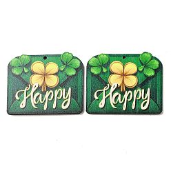 Green Saint Patrick's Day Single Face Printed Wood Pendants, Envelope Charms with Clover, Green, 41x49x2.5mm, Hole: 2mm