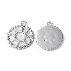 Stainless Steel Color 304 Stainless Steel Pendant Cabochon Setting, Flat Round with Sun Charm, Stainless Steel Color, Tray: 4mm, 16.5x14x1.5mm, Hole: 1.8mm