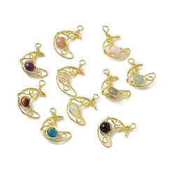 Mixed Stone Natural & Synthetic Mixed Gemstone Pendants, with Rack Plating Golden Tone Brass Findings, Cadmium Free & Lead Free, Moon, 31.5~33x22x8.5mm, Hole: 2.5~3mm