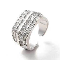 Платинированный Открытое кольцо-манжета с несколькими линиями из прозрачного кубического циркония, ионное покрытие (ip) латунное широкое кольцо для женщин, Реальная платина, размер США 6 3/4 (17.1 мм)