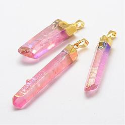 Pink Electroplate Natural Quartz Crystal Pendants, with Brass Findings, Faceted, Nuggets, Pink, 48~63x10~14x7~10mm, Hole: 5x8mm