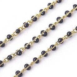 Black Handmade Enamel Beaded Chains, Soldered, with Brass Chains, Real 18K Gold Plated, Long-Lasting Plated, with Spool, Black, 4~5x2x2~3mm, about 32.8 Feet(10m)/roll