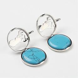 Synthetic Turquoise Synthetic Turquoise Pendants, with Brass Diffuser Locket Finding, Flat Round with Christmas Reindeer/Stag, 31x26x8mm, Hole: 4mm