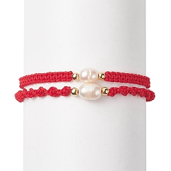 Red 2Pcs 2 Style Natural Pearl Braided Bead Bracelets Set with Nylon Cord for Women, Red, 2 inch(5cm)~2-1/4 inch(5.6cm), 1Pc/style