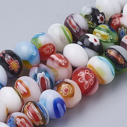Color mezclado Hilos hechos a mano millefiori lampwork beads, plano y redondo, color mezclado, 10x6~7 mm, agujero: 1 mm, sobre 56 unidades / cadena, 14.9 pulgada