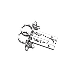 Silver 304 Stainless Steel Couples Keychain, Rectangle with Half Heart, Silver, 8.2x3cm