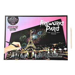 Eiffel Tower Scratch Rainbow Painting Art Paper, DIY Night View of the City, with Paper Card and Sticks, Eiffel Tower Pattern, 40.5x28.4x0.05cm