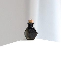 Noir Bouteilles en verre hexagonales miniatures, avec bouchons en liège, bouteilles de vœux vides, pour accessoires de maison de poupée, fabrication de bijoux, noir, 20x25mm