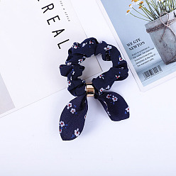 Prussian Blue Flower Pattern Rabbit Ear Polyester Elastic Hair Accessories, for Girls or Women, with Iron Findings, Scrunchie/Scrunchy Hair Ties, Prussian Blue, 140x90mm