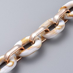 Floral White Imitation Gemstone Style Acrylic Handmade Cable Chains, with Rose Gold Plated CCB Plastic Linking Ring, Oval, Floral White, 39.37 inch(100cm), Link: 23.5x17.5x4.5mm and 18.5x11.5x4.5mm, 1m/strand