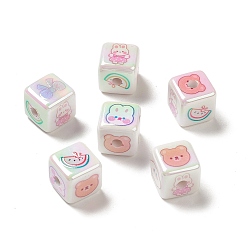 White UV Plating Opaque Rainbow Iridescent Acrylic Beads, Cube with Rabbit/Bear/Bowknot/Watermelon Pattern, White, 14.5x14.5x14.5mm, Hole: 3.7mm