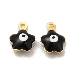 Black 304 Stainless Steel Enamel Charms, Flower with Evil Eye Charm, Golden, Black, 8.5x6.5x2.5mm, Hole: 1mm