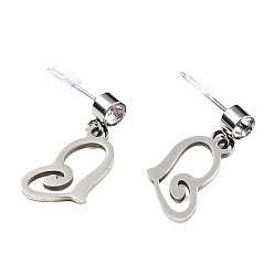 Stainless Steel Color 201 Stainless Steel Dangle Stud Earrings, with Clear Cubic Zirconia, Heart, Stainless Steel Color, 20mm, Pin: 0.8mm