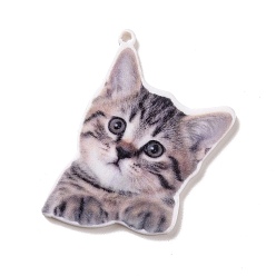 Cat Shape Pendentifs en acrylique opaque imprimé, breloques sur le thème des animaux, Motif de chat, 32.5x22x2mm, Trou: 1.5mm