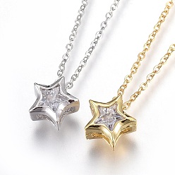 Mixed Color 304 Stainless Steel Brass Cubic Zirconia Pendant Necklaces, Star, Clear, Mixed Color, 17.8 inch(45.5cm), Pendant: 8x8x4mm
