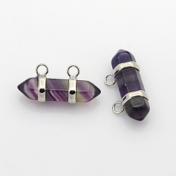 Fluorite Natural Fluorite Hexagon Double Terminated Pointed Pendants, with Platinum Plated Brass Findings, 14x29~35x10mm, Hole: 3mm
