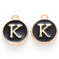 Letter K Golden Plated Alloy Charms, with Enamel, Enamelled Sequins, Flat Round, Black, Letter.K, 14x12x2mm, Hole: 1.5mm, 50pcs/Box