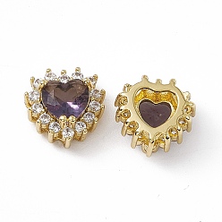 Purple Rack Plating Brass Micro Pave Cubic Zirconia Beads, with Glass, Real 18K Gold Plated, Long-Lasting Plated, Cadmium Free & Nickel Free & Lead Free, Heart, Purple, 10.5x10.5x6mm, Hole: 1.2~3.5x1.2~1.4mm