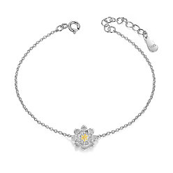 Mixed Color SHEGRACE 925 Sterling Silver Link Bracelet, with Golden Tone Lotus Flower, Mixed Color, 136mm(5-3/8 inch)