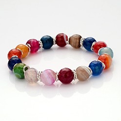 Coloré Facettes agate naturelle perles rondes étendent bracelets, avec anneaux de saut en laiton plaqué couleur argent et fil de cristal élastique coréen, colorées, 53mm