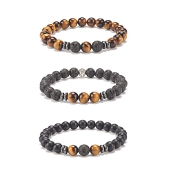Mixed Stone 3Pcs 3 Style Natural & Synthetic Mixed Gemstone Stretch Bracelets Set, Essential Oil Gemstone Jewelry for Women, Inner Diameter: 2-1/4 inch(5.6cm), 1Pc/style