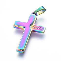 Rainbow Color Ion Plating(IP) 304 Stainless Steel Pendants, For Easter, Cross with Word Jesus, Rainbow Color, 30x18.4x2.2mm, Hole: 2.9x6mm