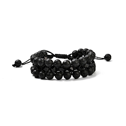 Black Agate Men's 3-strand Braided Bead Bracelet, Natural Lava Rock & Black Agate(Dyed) Beads Bracelet, Inner Diameter: 2-1/8 inch(5.5~9.7cm)