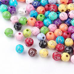 Mixed Color Plating Acrylic Beads, Silver Metal Enlaced, Round with Cross, Mixed Color, 8mm, Hole: 2mm, about 1800pcs/500g