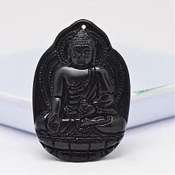 Obsidian Natural Obsidian Large Cameo Pendants, Buddhist Jewelry Pendants, Buddha, 51~53x35.5~37.5x11~13mm, Hole: 2mm