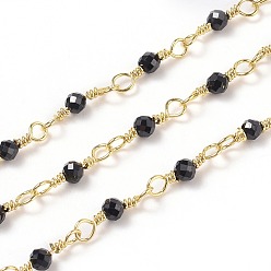 Spinelle Chaînes de perles faites main en spinelle noir naturel, avec les accessoires en laiton, or, non soudée, ronde, facette, avec bobine, 12x1~1.25mm, perle: 2.5 mm, environ 32.8 pieds (10 m)/rouleau