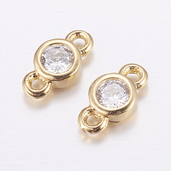 Real 18K Gold Plated Brass Micro Pave Cubic Zirconia Links, Long-Lasting Plated, Cadmium Free & Nickel Free & Lead Free, Flat Round, Real 18K Gold Plated, 4x8x2mm, Hole: 1mm