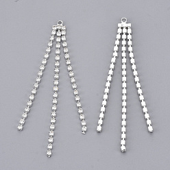 Silver Brass Rhinestone Cup Chain Big Pendants, Tassel Pendant, Crystal, Silver Color Plated, 68x6x2mm, Hole: 1.6mm