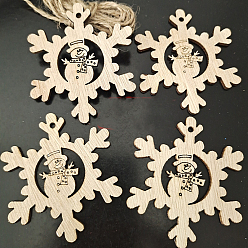 BurlyWood Unfinished Wood Pendant Decorations, Kids Painting Supplies,, Wall Decorations, Christmas Themed, with Jute Rope, Snowflake with Snowman, BurlyWood, 70mm, 10pcs/bag