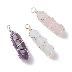 Mixed Stone Natural Gemstone Double Terminated Pointed Pendants, with Platinum Tone Copper Wire Wrapped, Bullet, 38.5~40.5x10.5x10.5mm, Hole: 3.5~4mm