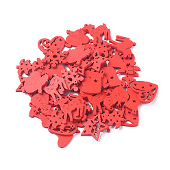 Rouge Pendentifs en bois de peuplier naturel, peint à la bombe, pour noël, rouge, 27~32.5x21.5~27.5x2.5mm, Trou: 0.9~2.5mm