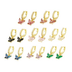 Mixed Color Cubic Zirconia Butterfly Dangle Hoop Earrings, Real 18K Gold Plated Brass Drop Earrings, Lead Free & Cadmium Free, Mixed Color, 21mm, Pin: 0.8mm